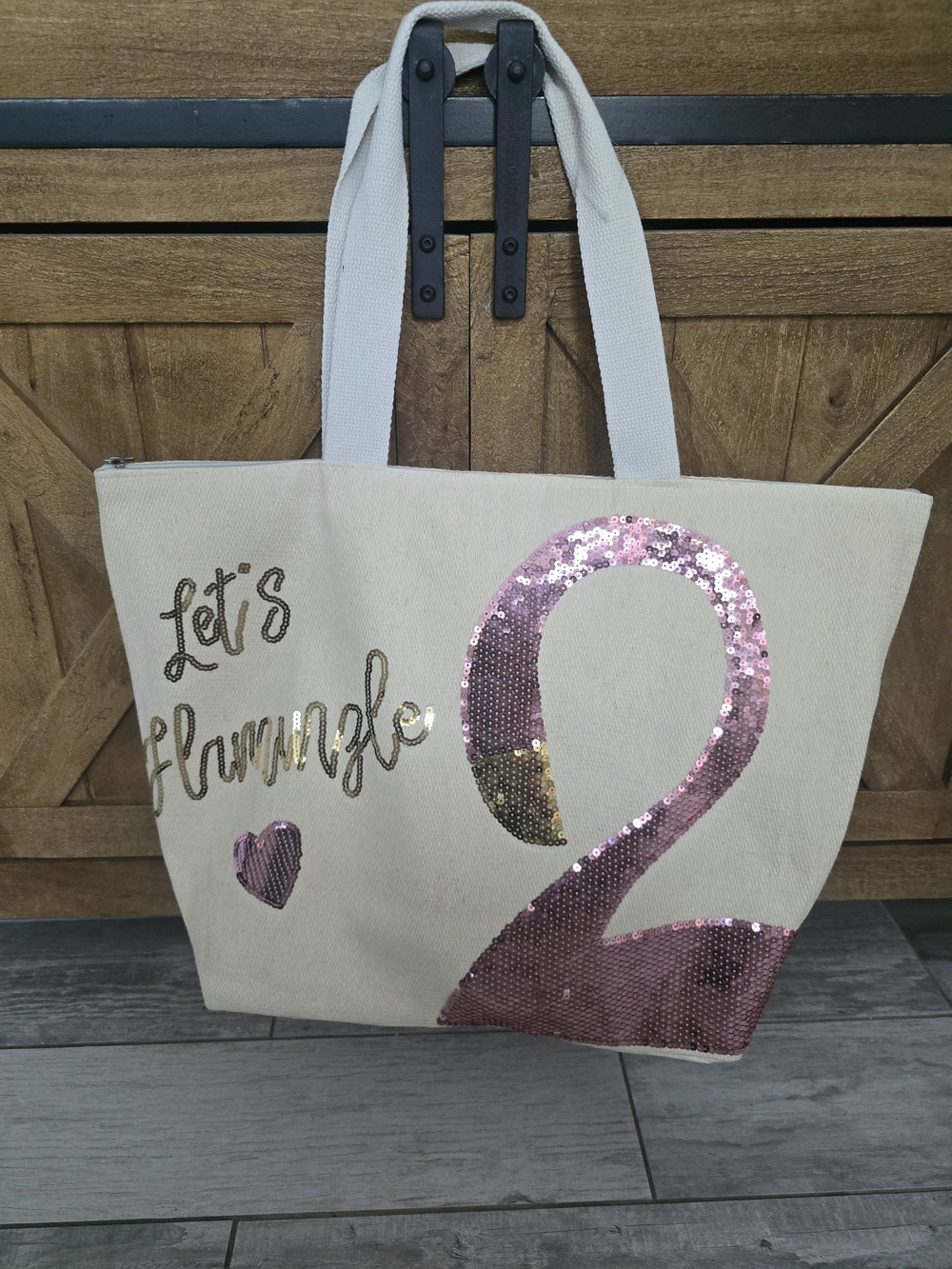 Canvas Flamingo Sequin Tote Bag in Cream and Pink